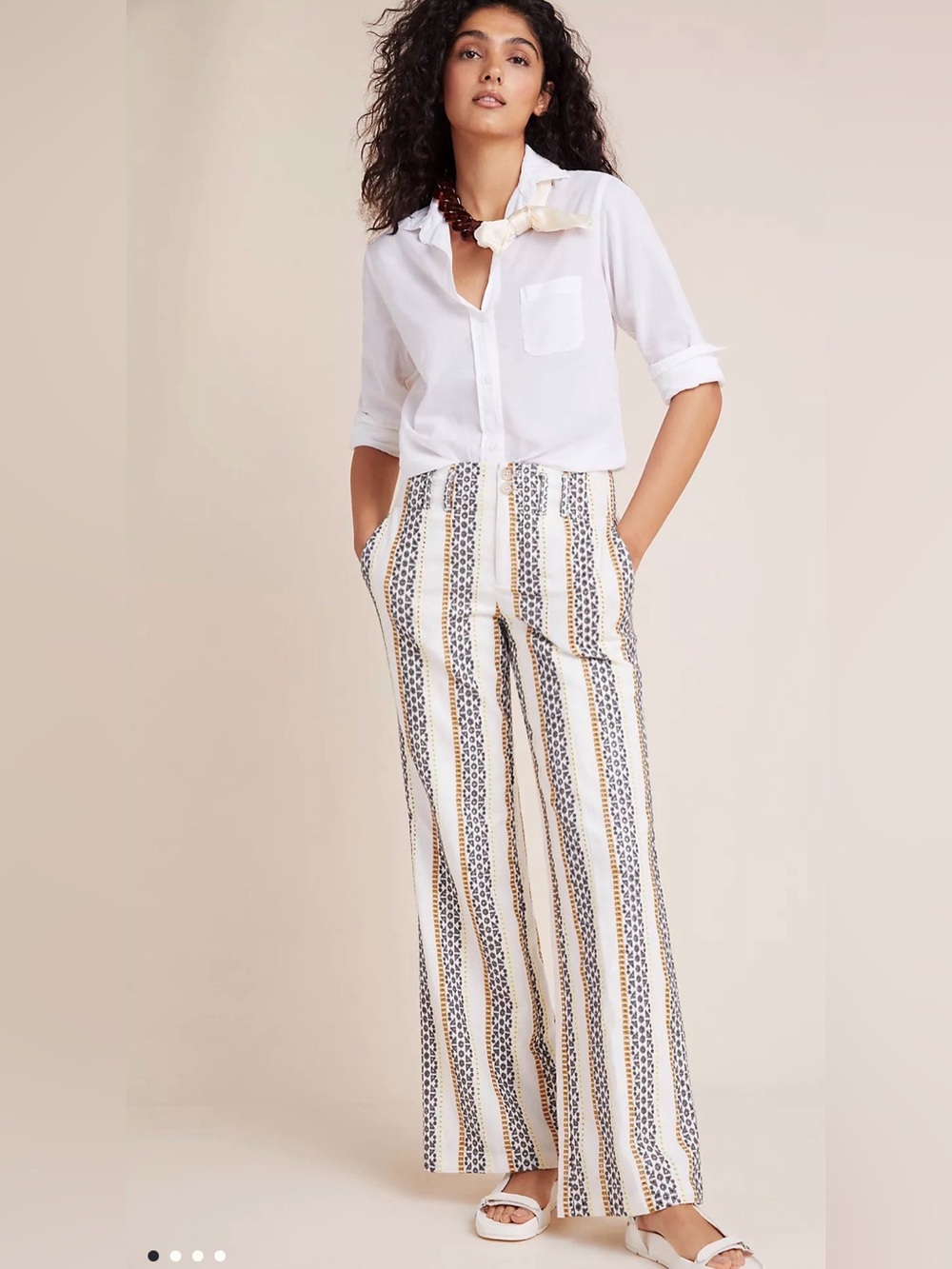 Anthropologie Eyelet Stripe Wide Leg Pants Linen Cotton Blend Trousers Size 10